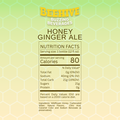 Nutrition facts label for Avery's Honey Infused Ginger Ale on a honeycomb pattern gradient background