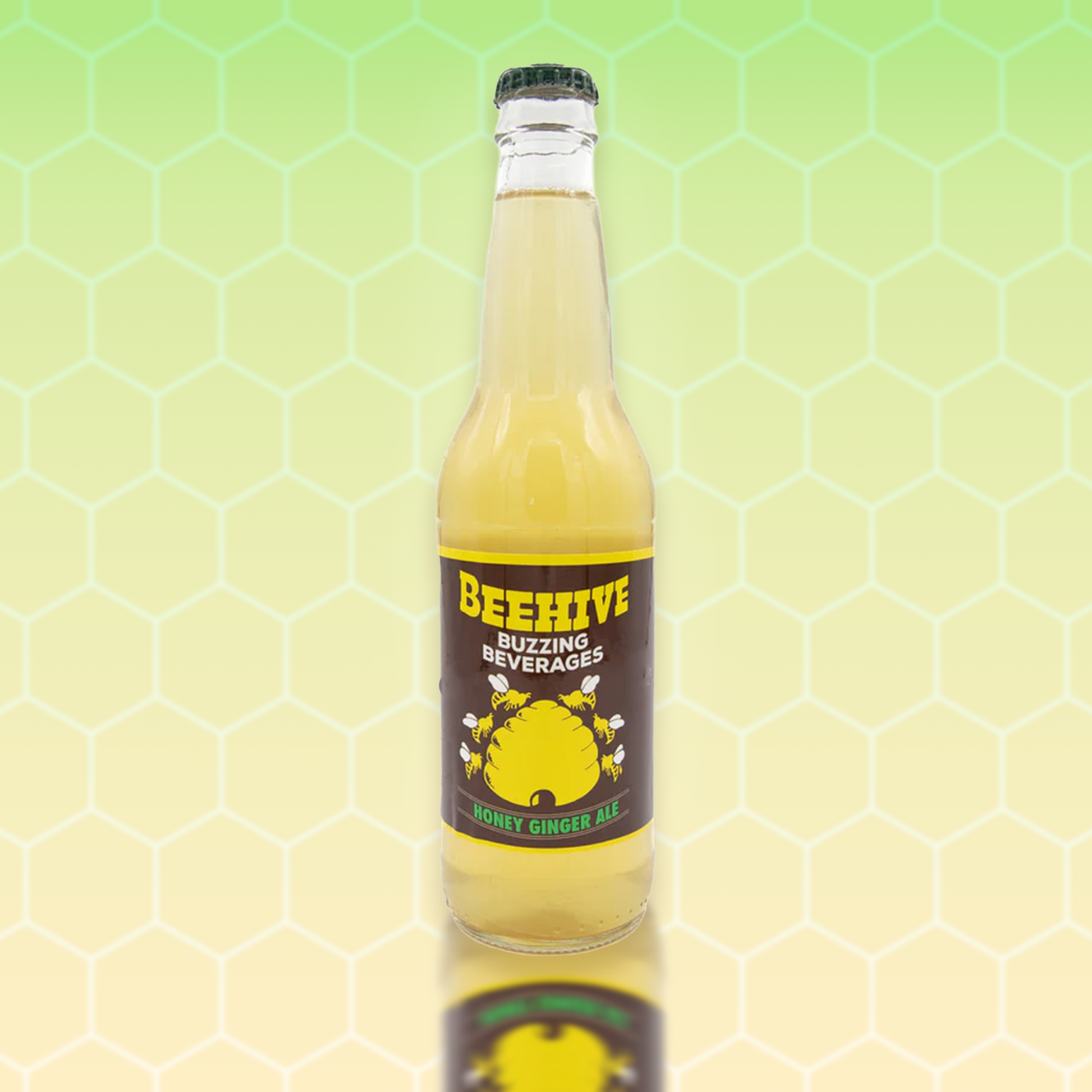 Avery’s Honey Infused Ginger Ale in glass bottle on yellow and green gradient background