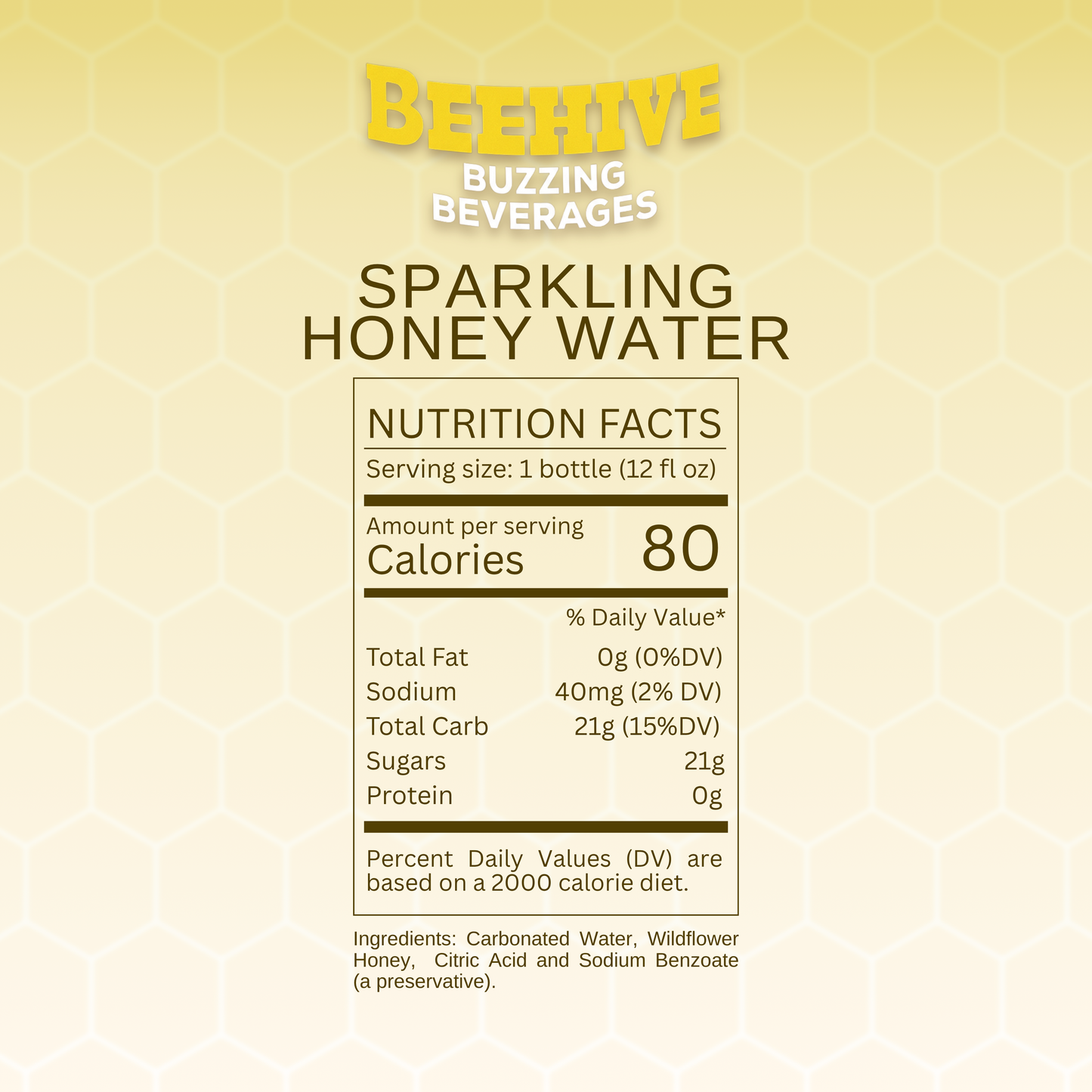 Nutrition facts label for Avery's Honey Infused Sparkling Honey Water on a honeycomb pattern gradient background