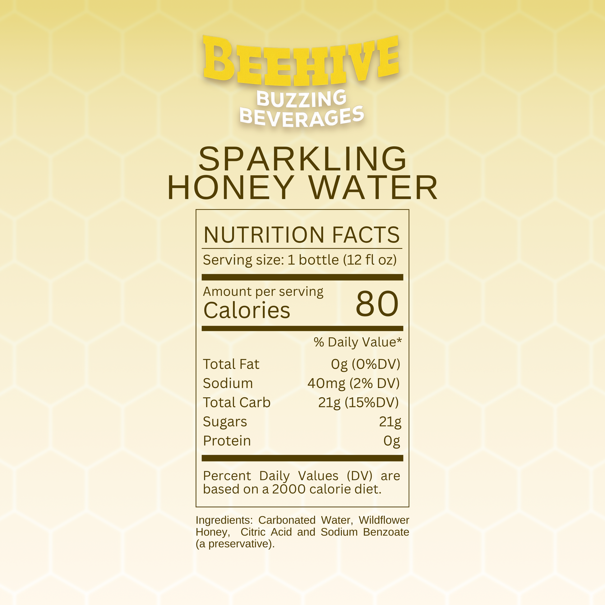 Nutrition facts label for Avery's Honey Infused Sparkling Honey Water on a honeycomb pattern gradient background