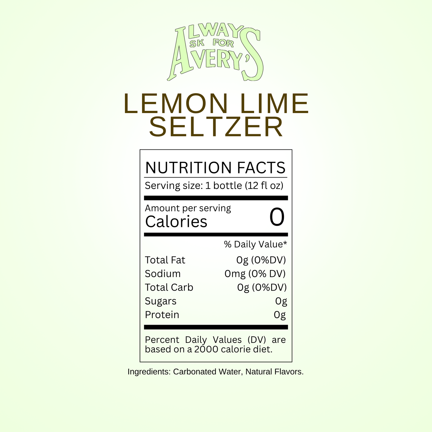 Nutrition facts label for Avery’s Lemon Lime Seltzer on green gradient background