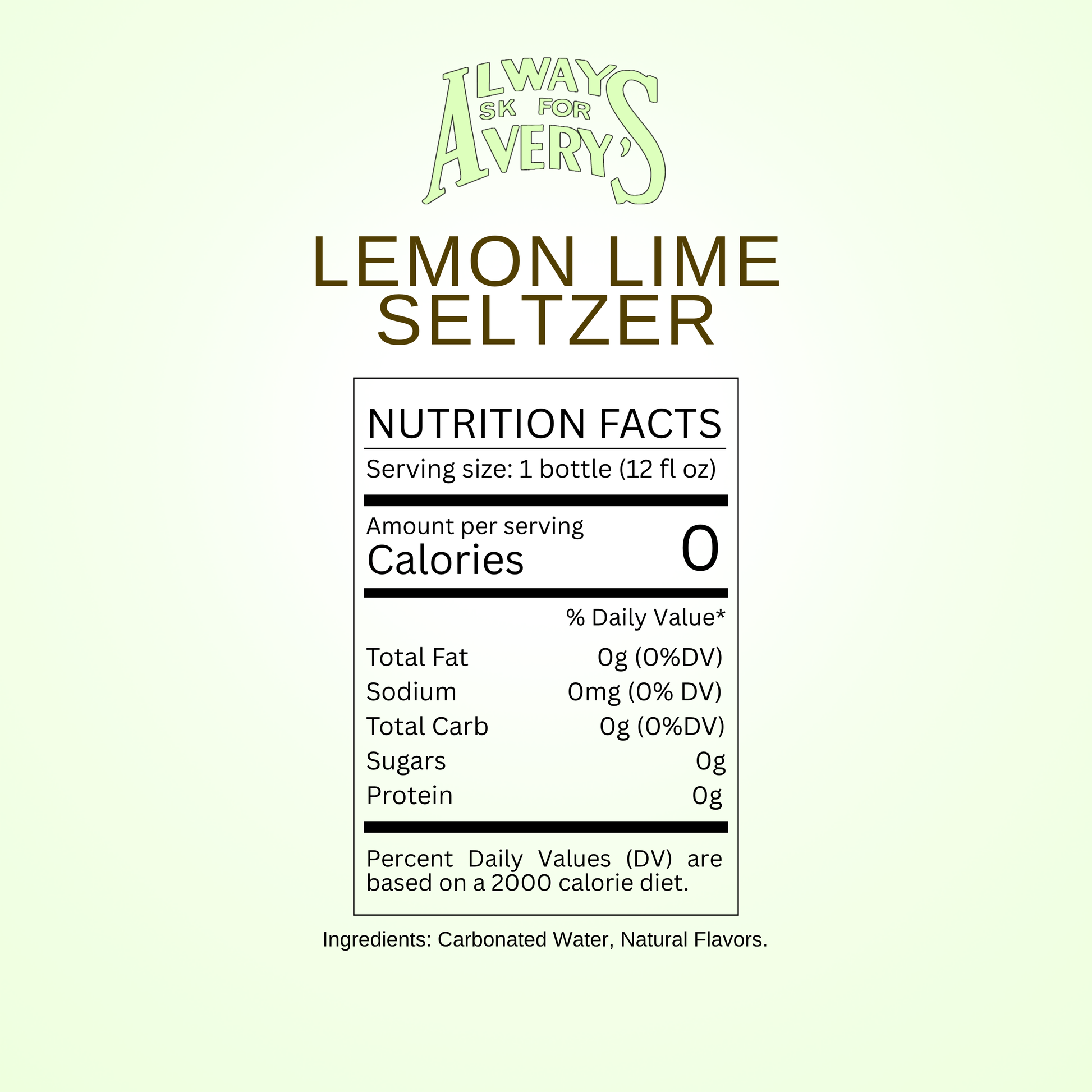 Nutrition facts label for Avery’s Lemon Lime Seltzer on green gradient background