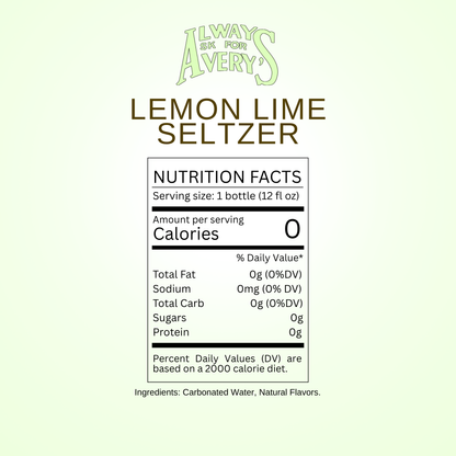 Nutrition facts label for Avery’s Lemon Lime Seltzer on green gradient background