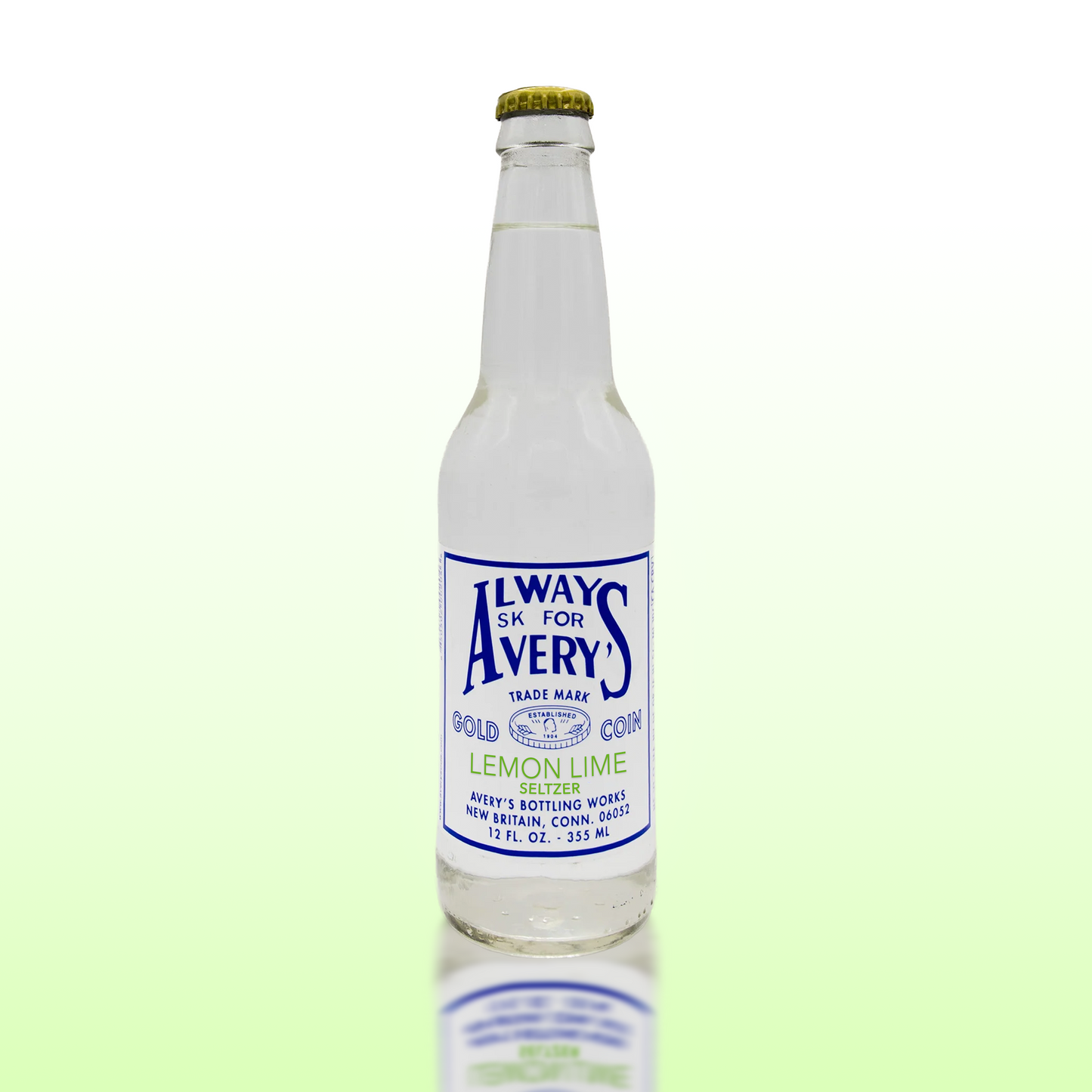 Avery’s Lemon Lime Seltzer in glass bottle on green gradient background