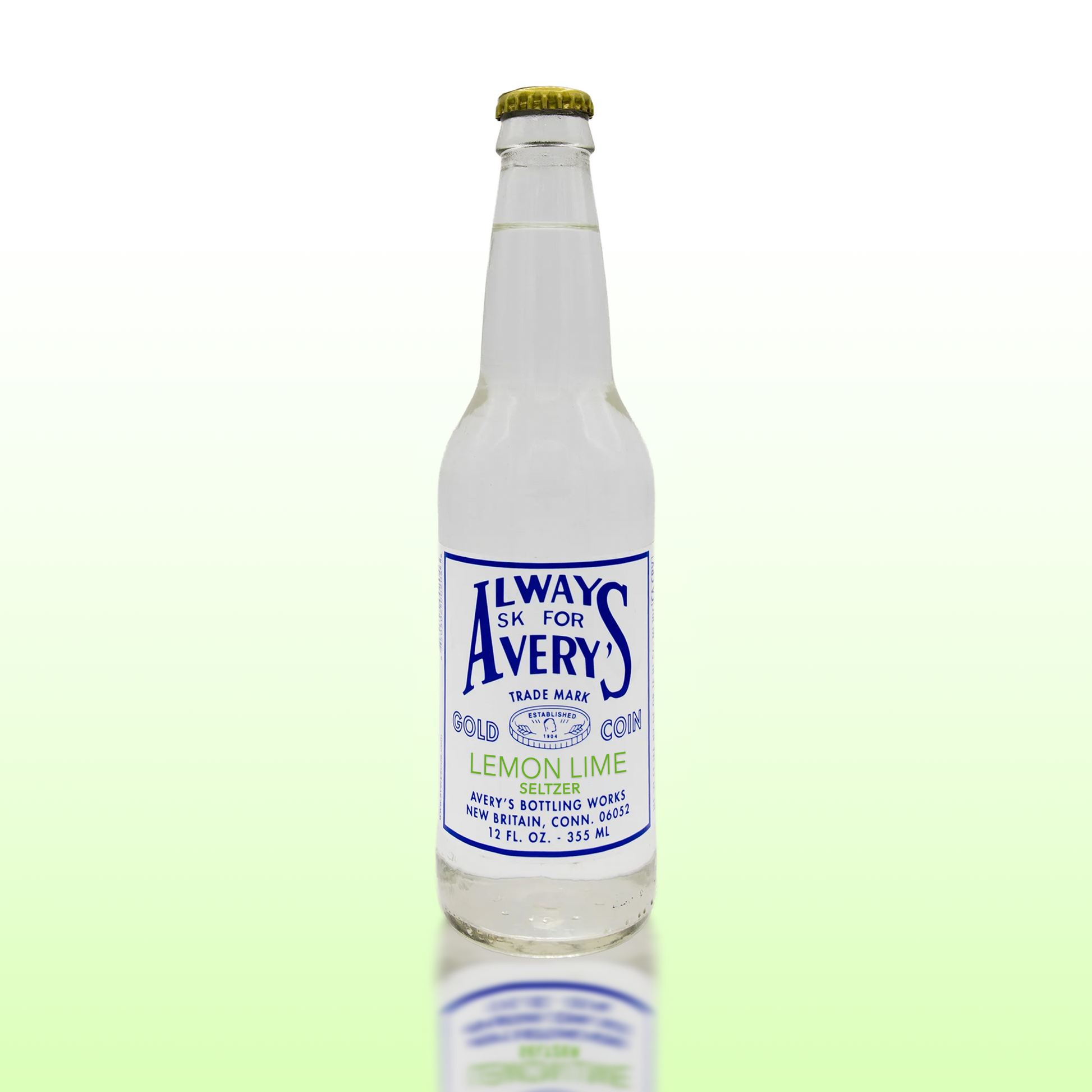 Avery’s Lemon Lime Seltzer in glass bottle on green gradient background
