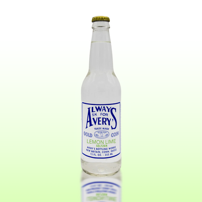 Avery’s Lemon Lime Seltzer in glass bottle on green gradient background