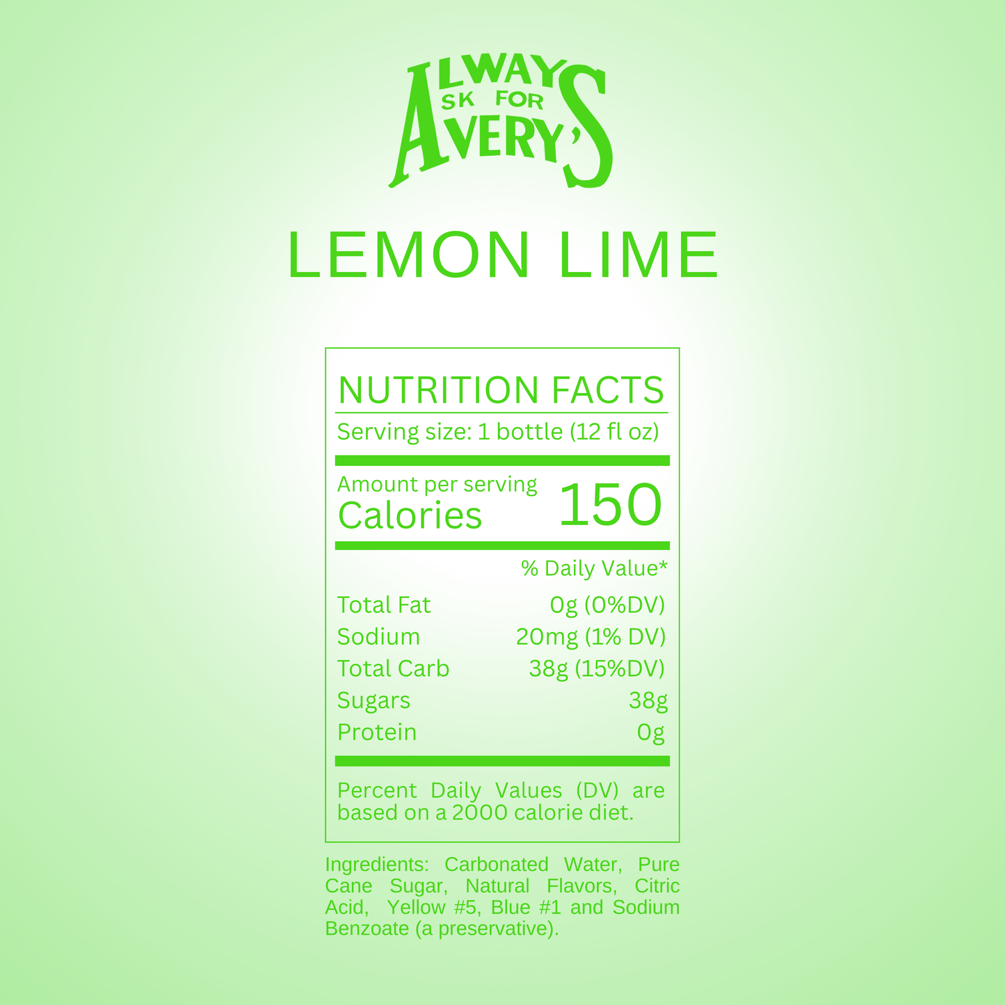 Nutrition facts label for Avery's Lemon Lime Soda on green gradient background