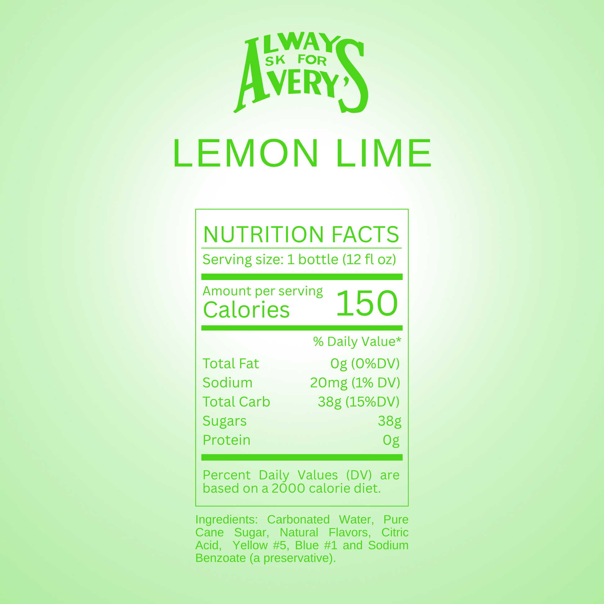 Nutrition facts label for Avery's Lemon Lime Soda on green gradient background