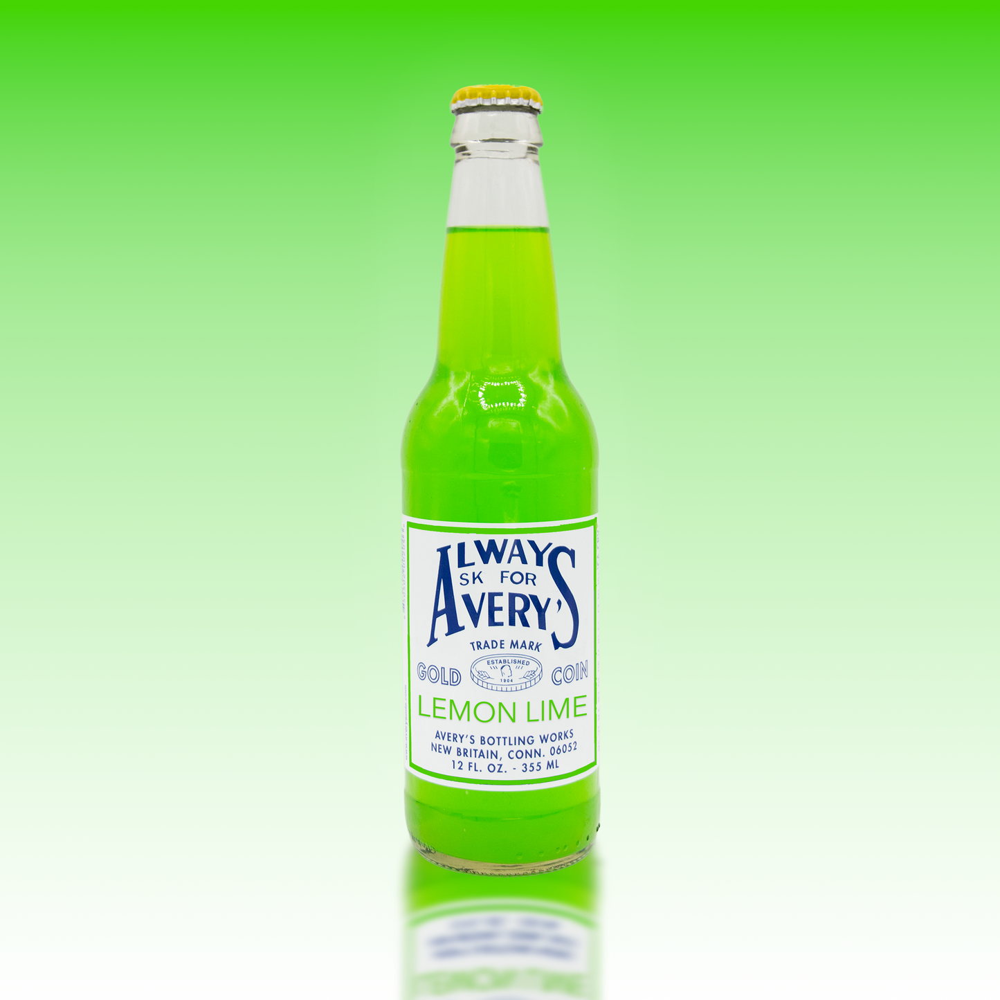 Avery's Lemon Lime green soda in glass bottle on green gradient background