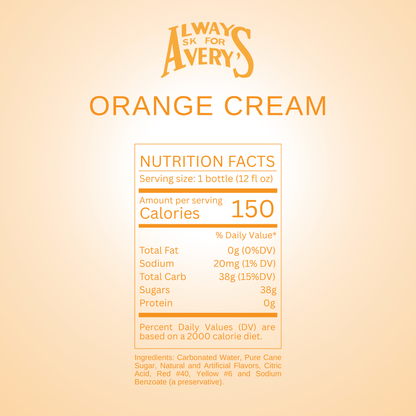 Nutrition facts label for Avery's Orange Cream Soda on orange gradient background