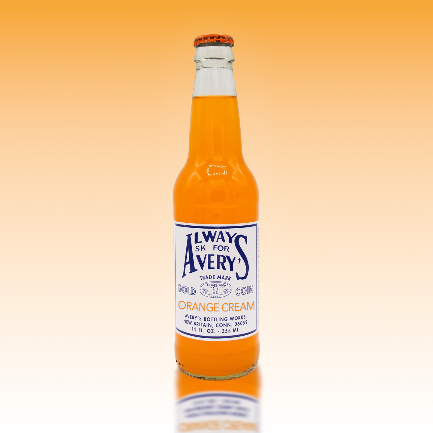 Avery's Orange Cream Soda in glass bottle on orange gradient background