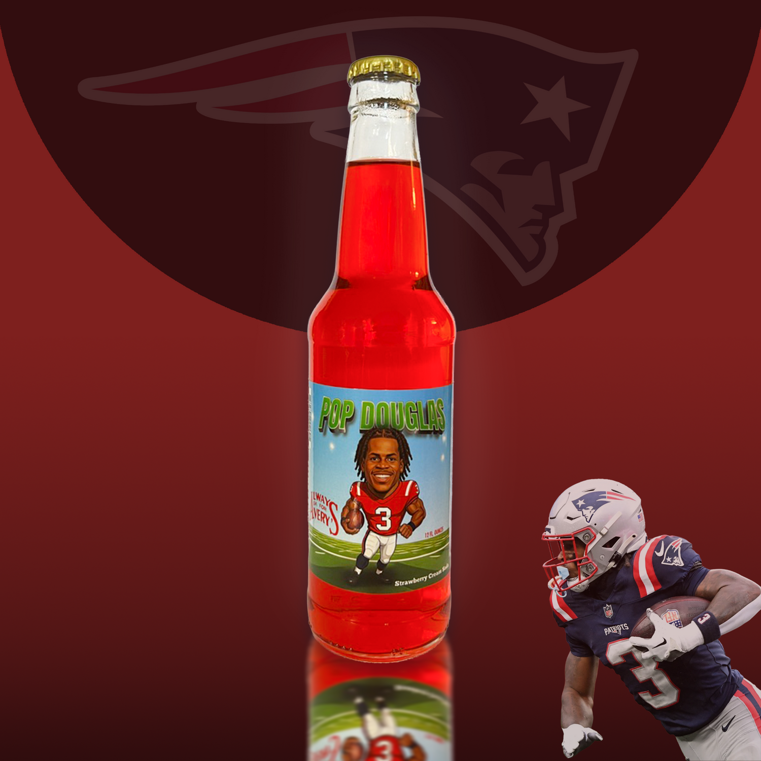 Avery’s Pop Douglas Strawberry Cream Soda in glass bottle on red and black gradient background with New England Patriots logo and cutout picture of New England Patriots wide receiver DeMario “Pop” Douglas