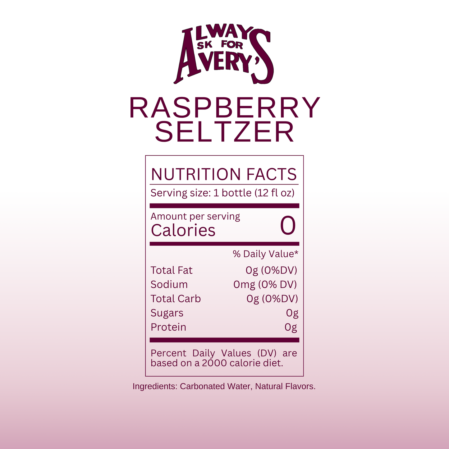Nutrition facts label for Avery's Raspberry Seltzer on pink gradient background
