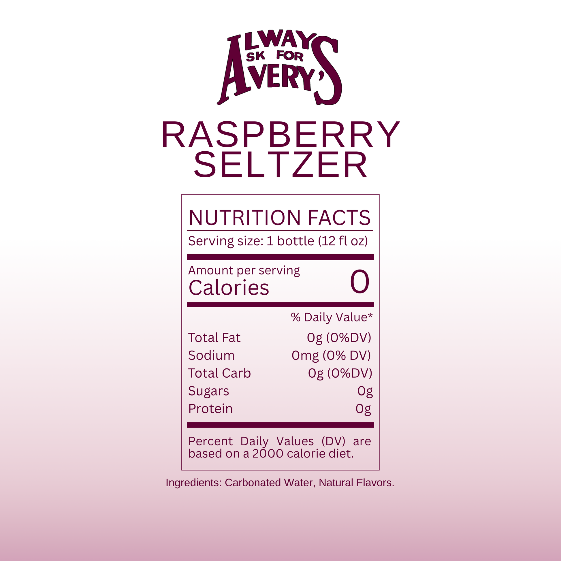 Nutrition facts label for Avery's Raspberry Seltzer on pink gradient background