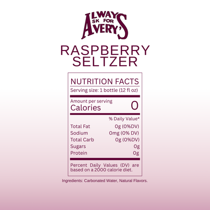 Nutrition facts label for Avery's Raspberry Seltzer on pink gradient background