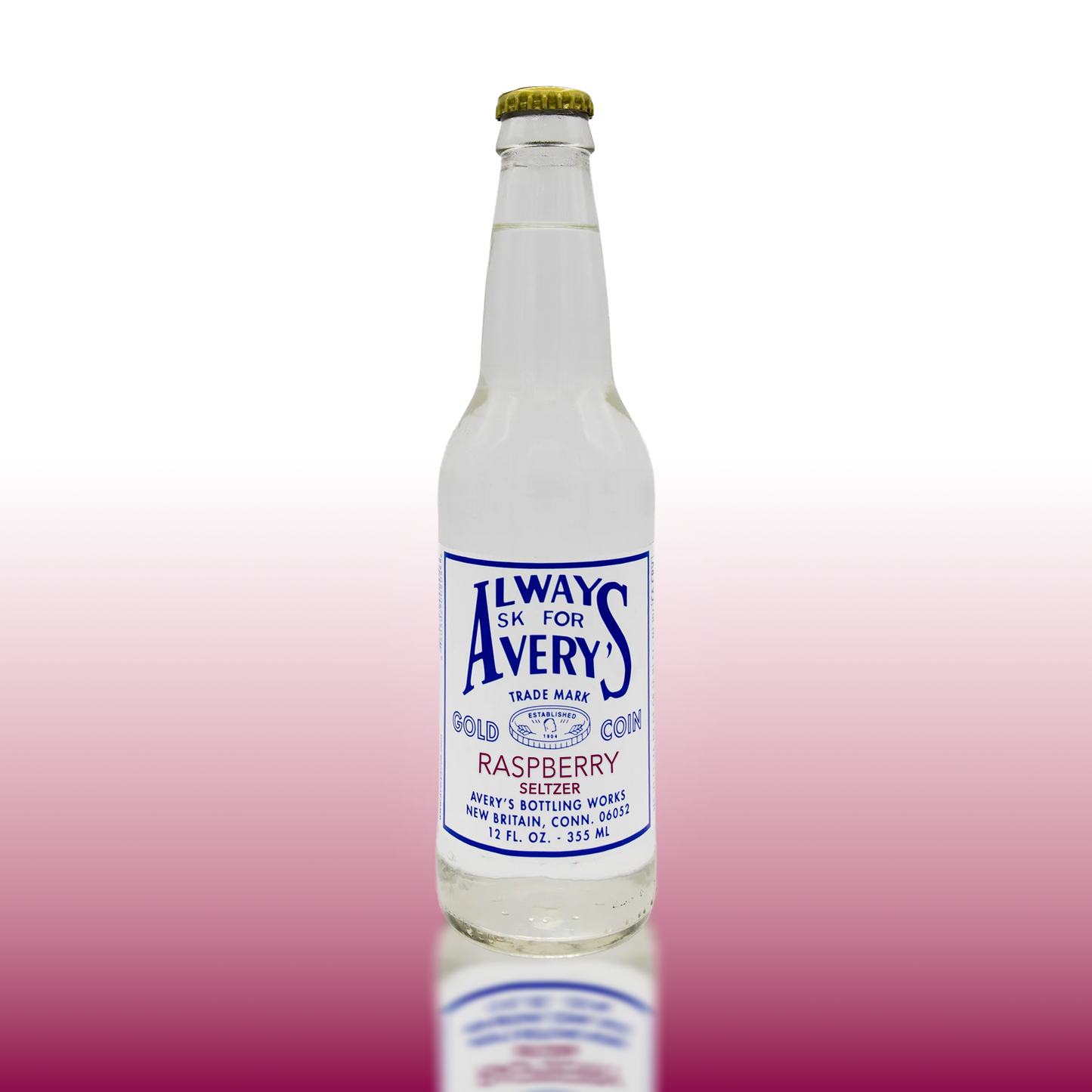 Avery’s Raspberry Seltzer in glass bottle on pink gradient background