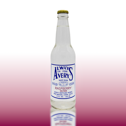 Avery’s Raspberry Seltzer in glass bottle on pink gradient background