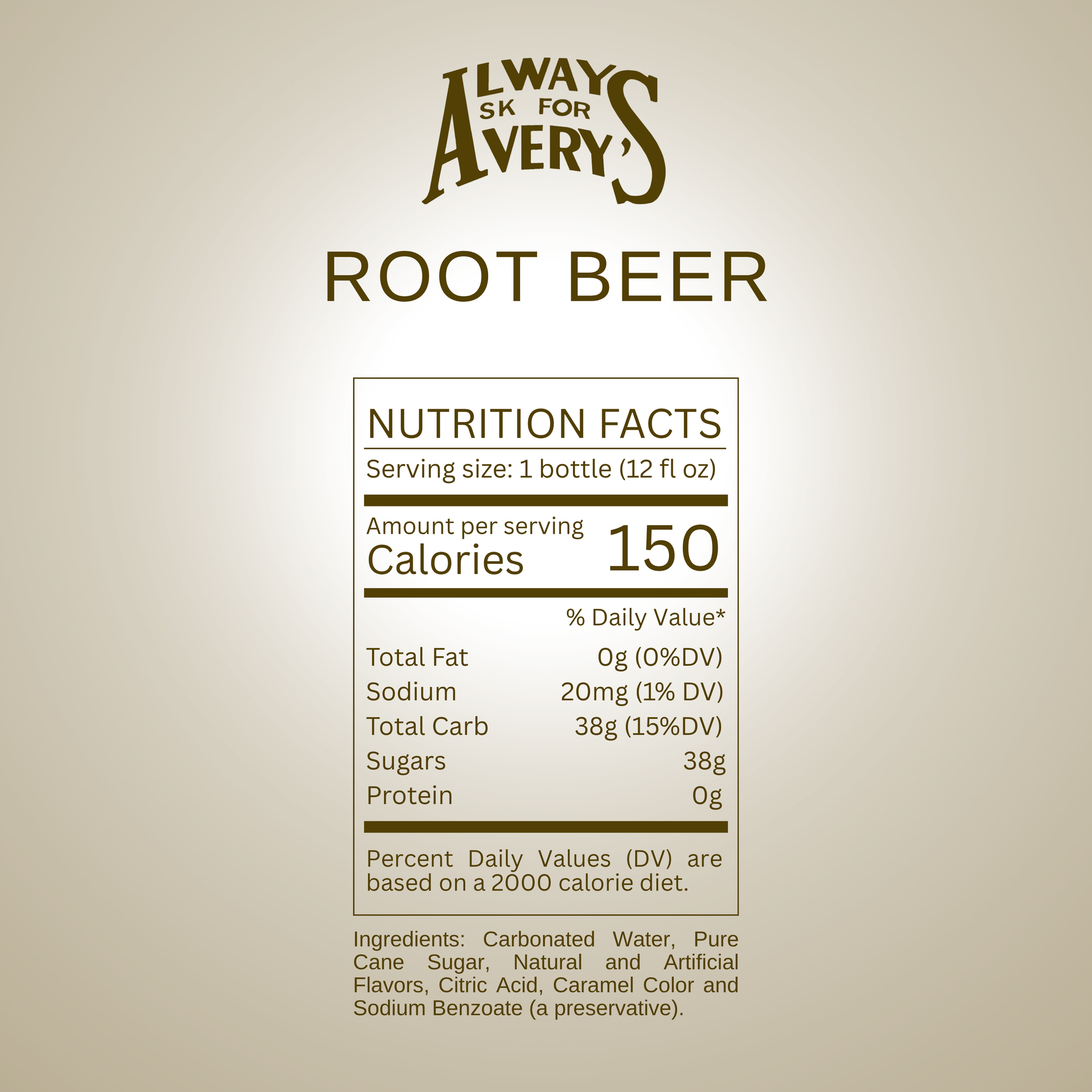 Nutrition facts label for Avery's Root Beer on brown gradient background
