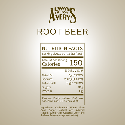 Nutrition facts label for Avery's Root Beer on brown gradient background
