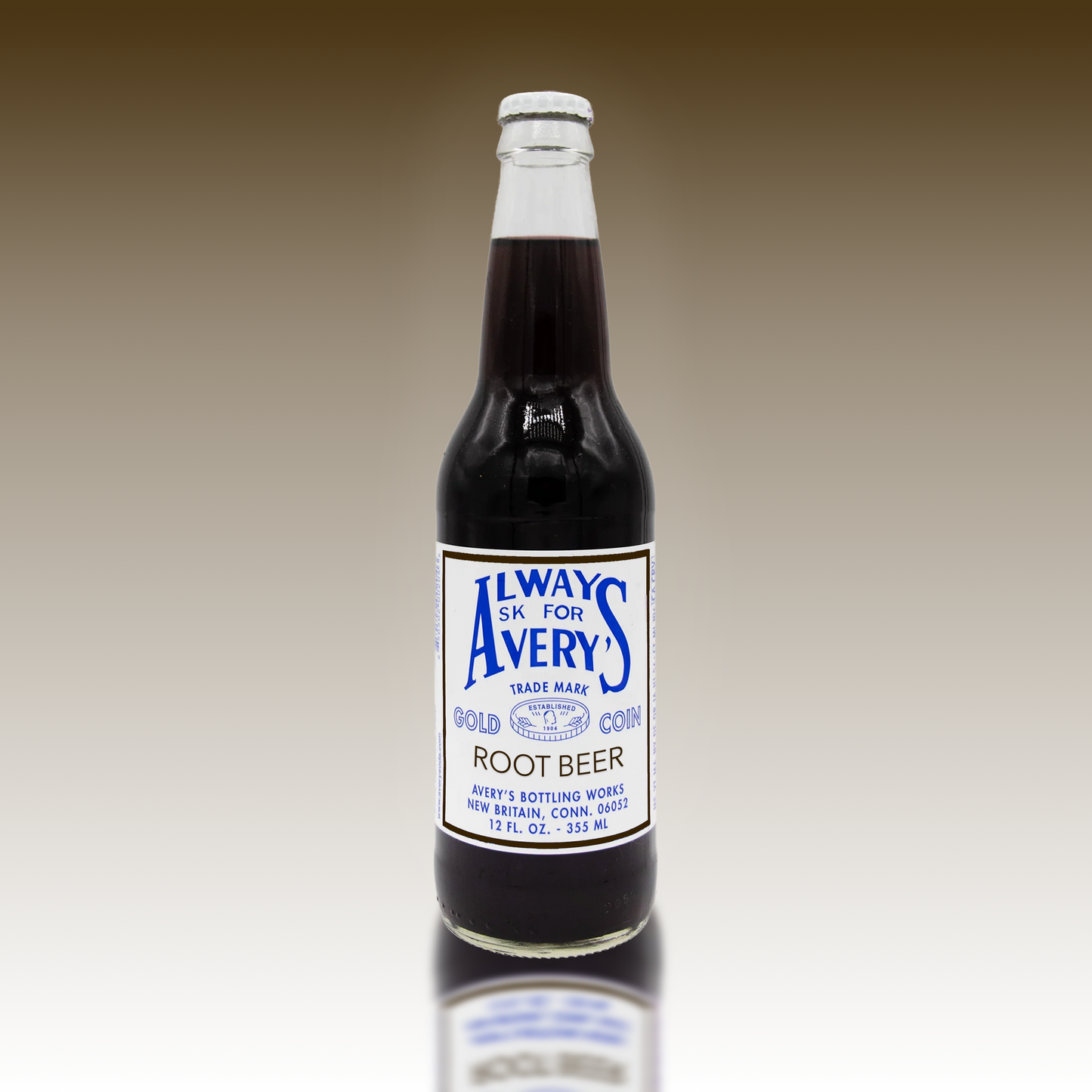 Avery's Root Beer in glass bottle on brown gradient background