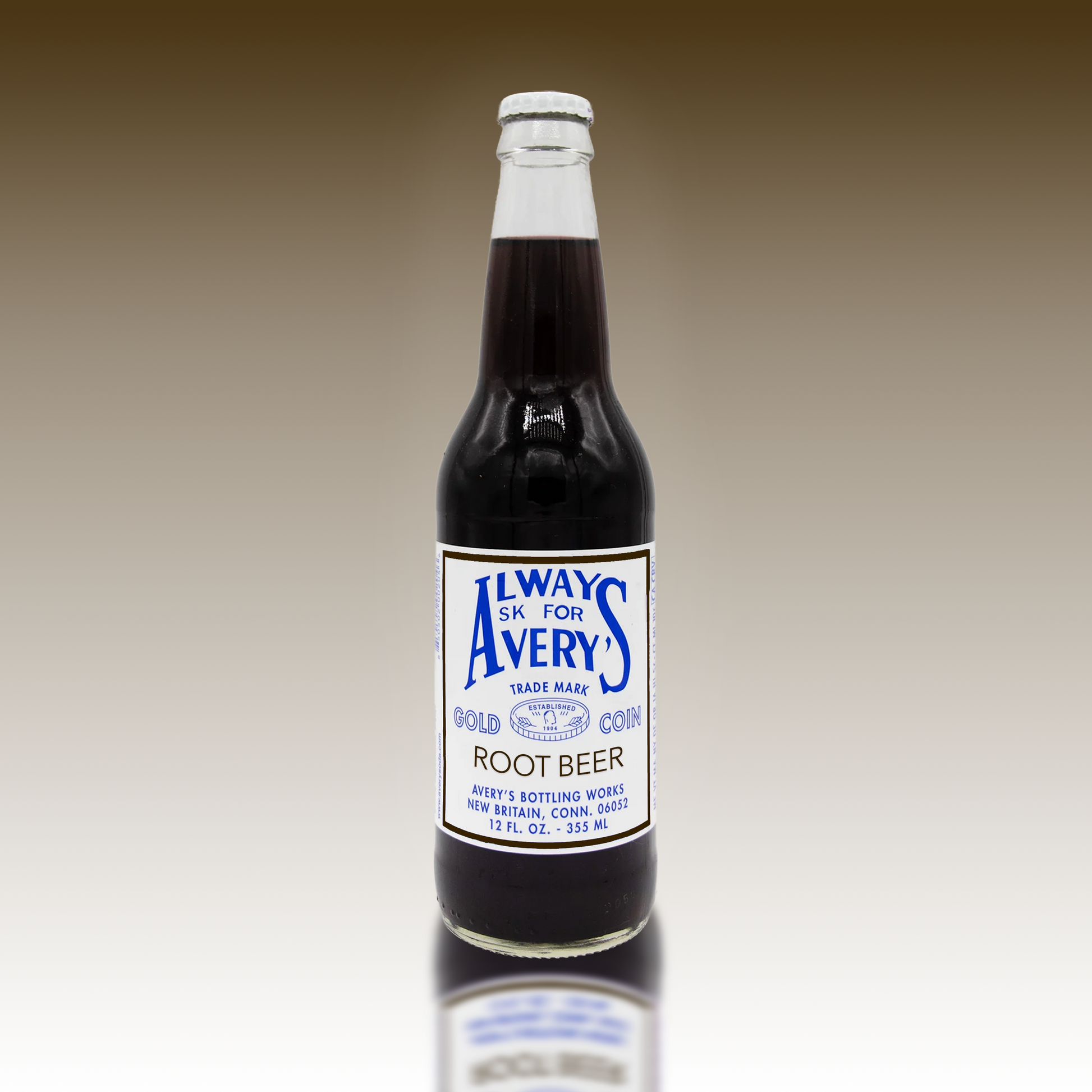 Avery's Root Beer in glass bottle on brown gradient background