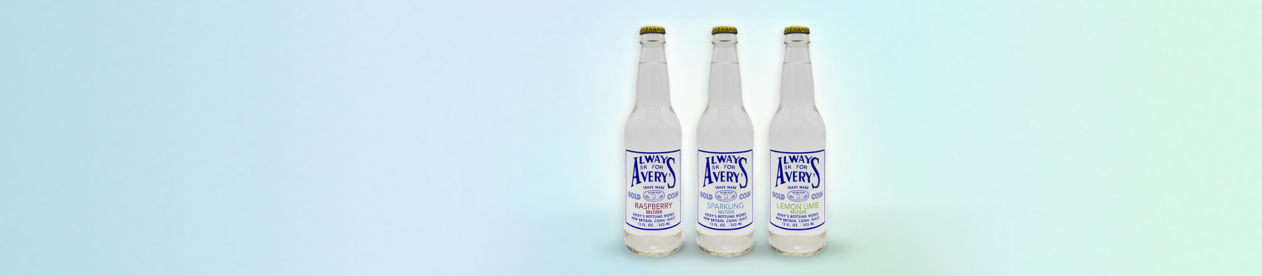 Avery’s Seltzer Variety Pack in glass bottles on blue gradient background