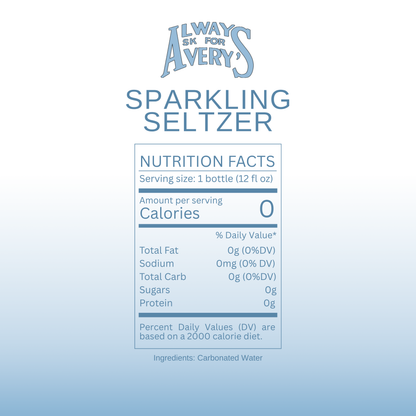 Nutrition facts label for Avery's Sparkling Seltzer on blue gradient background