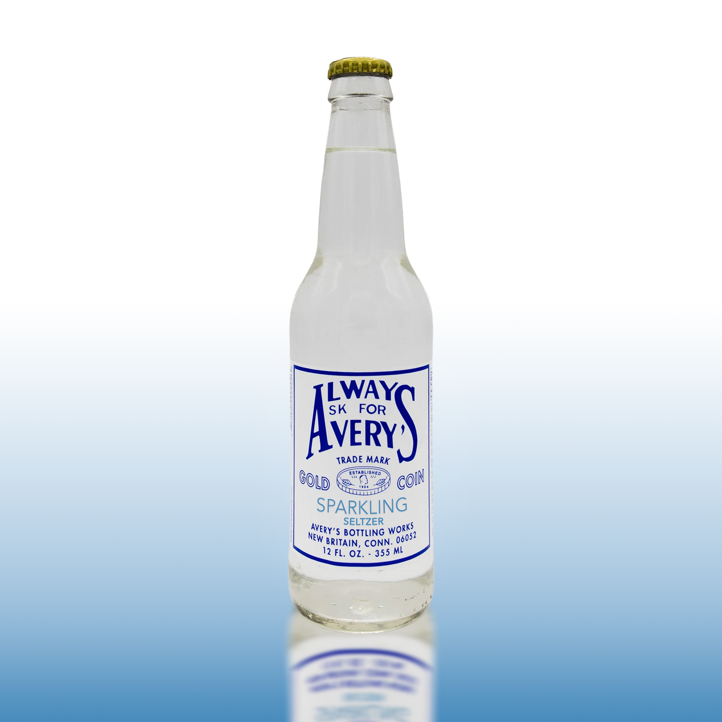 Avery’s Sparkling Seltzer in glass bottle on blue gradient background