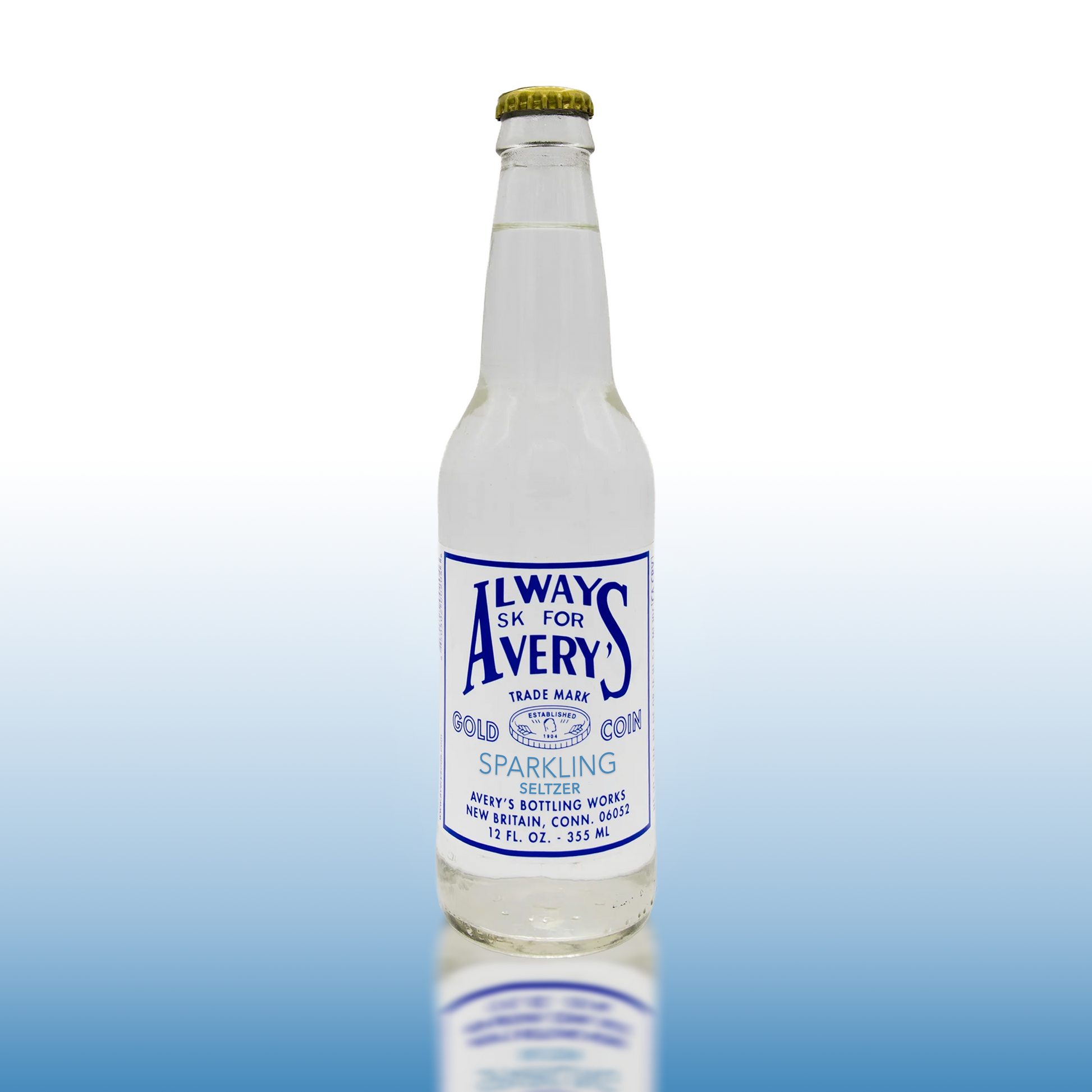 Avery’s Sparkling Seltzer in glass bottle on blue gradient background