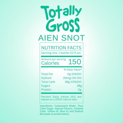 Nutrition facts label for Avery's Totally Gross Alien Snot Original Soda on teal gradient background