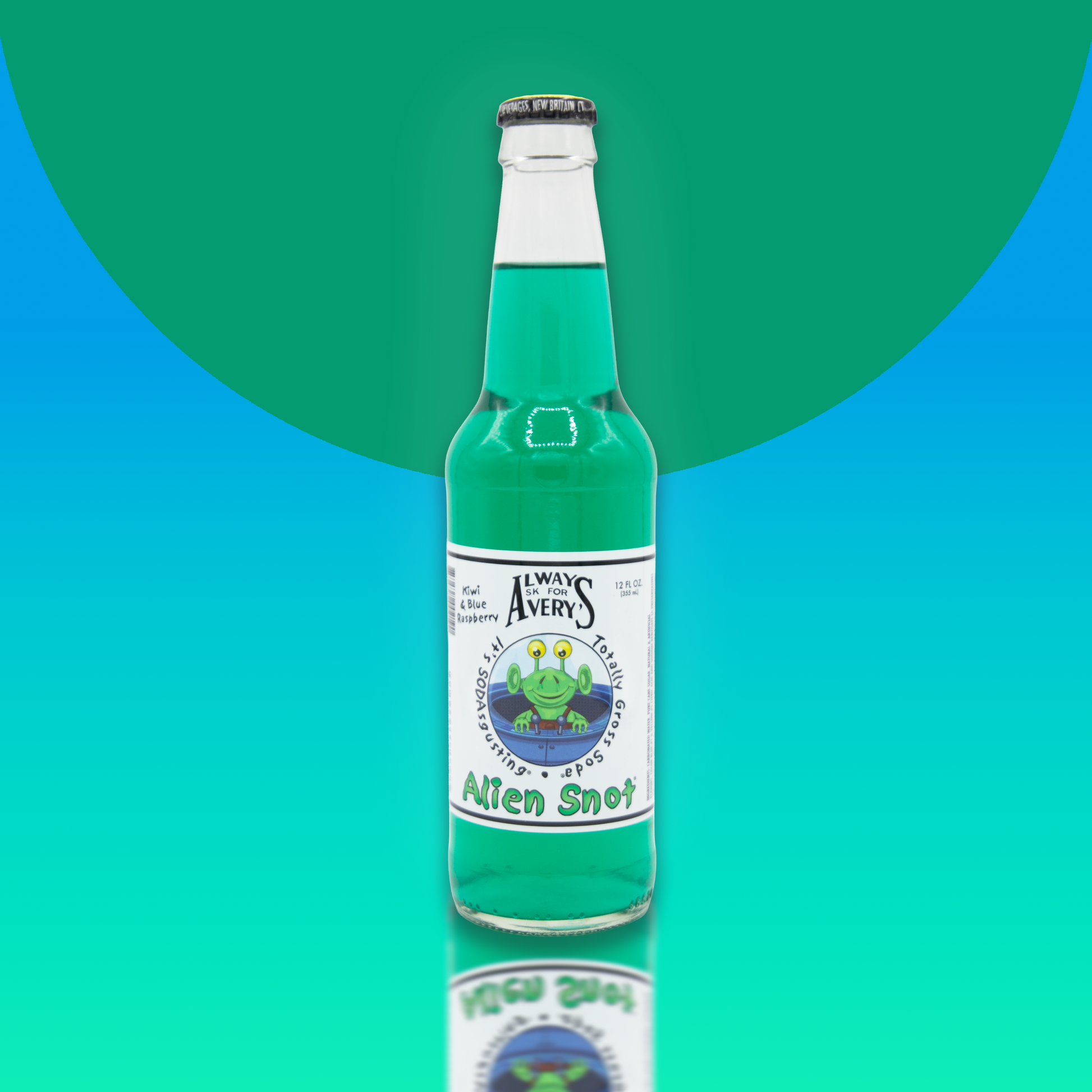 Avery's Totally Gross Alien Snot Original teal soda in glass bottle on blue and teal gradient background