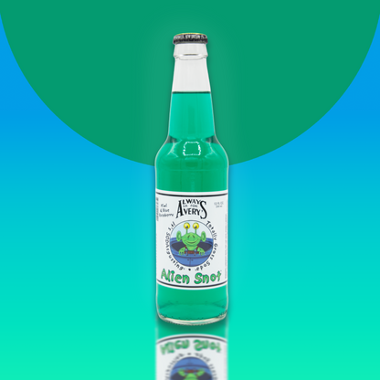 Avery's Totally Gross Alien Snot Original teal soda in glass bottle on blue and teal gradient background