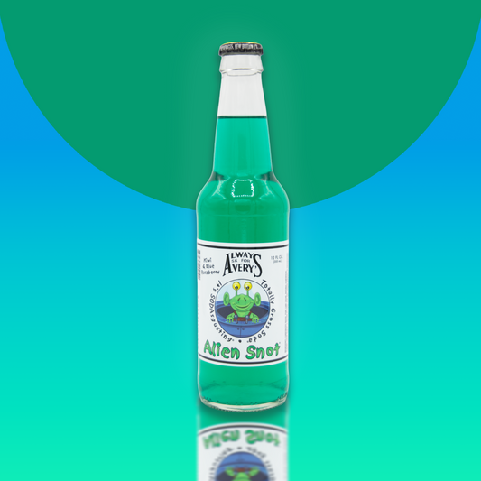Avery's Totally Gross Alien Snot Original teal soda in glass bottle on blue and teal gradient background