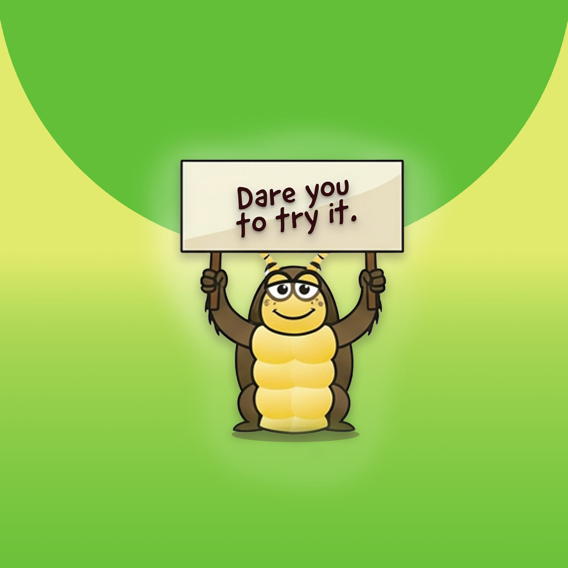 Avery's Totally Gross Bug Barf Cartoon character holding a sign with 'Dare you to try it.' text on a green gradient background