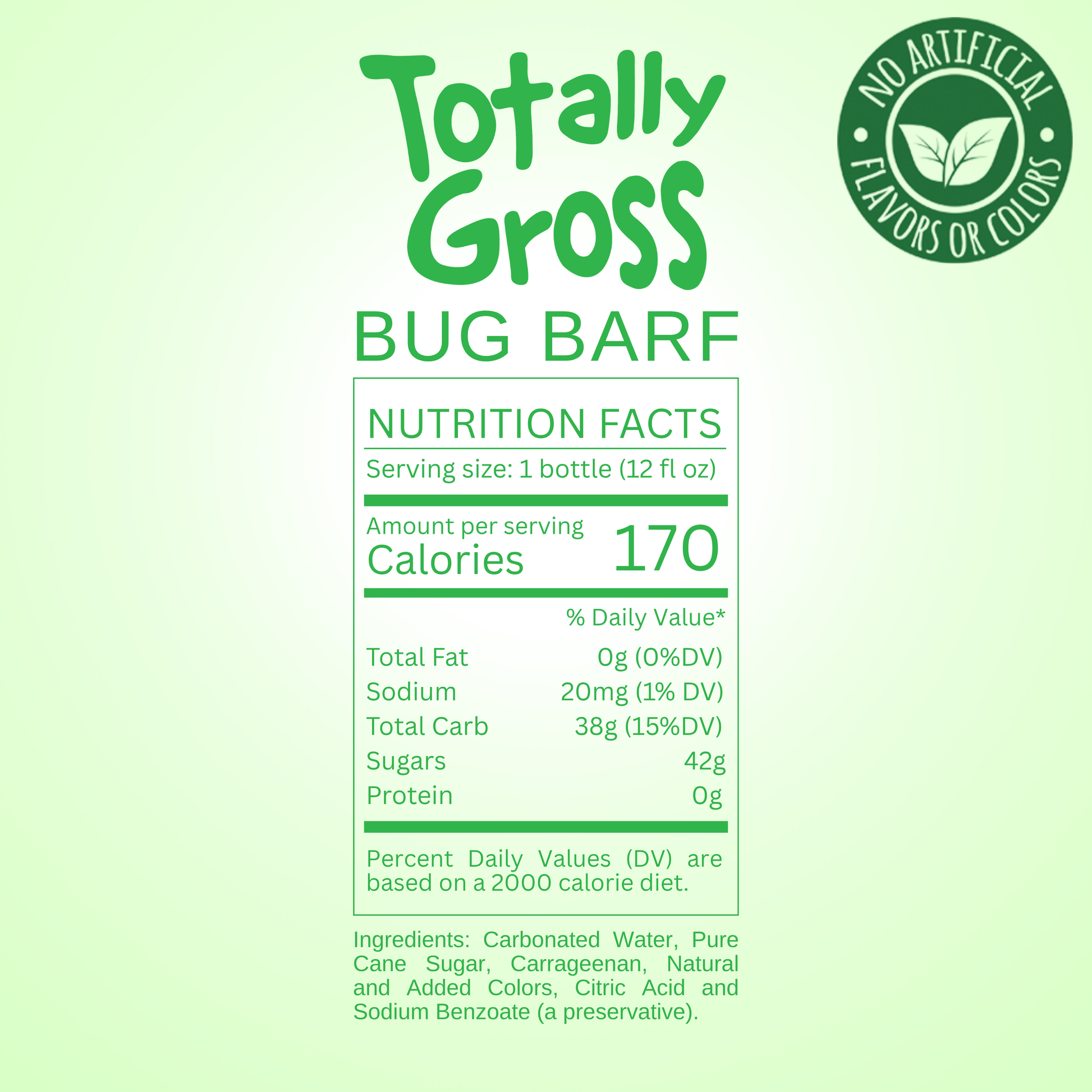 Nutrition facts label for Avery's Totally Gross Bug Barf Natural on green gradient background