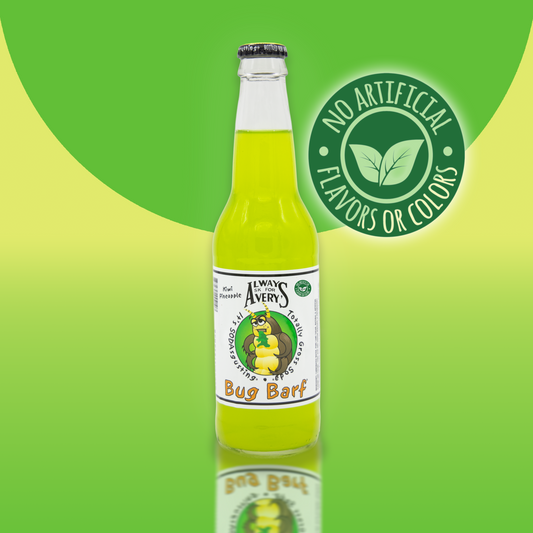 Avery's Totally Gross Bug Barf Natural green soda in glass bottle on green gradient background with "no artificial flavors or color" sticker 
