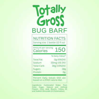 Nutrition facts label for Avery's Totally Gross Bug Barf Original Soda on green gradient background
