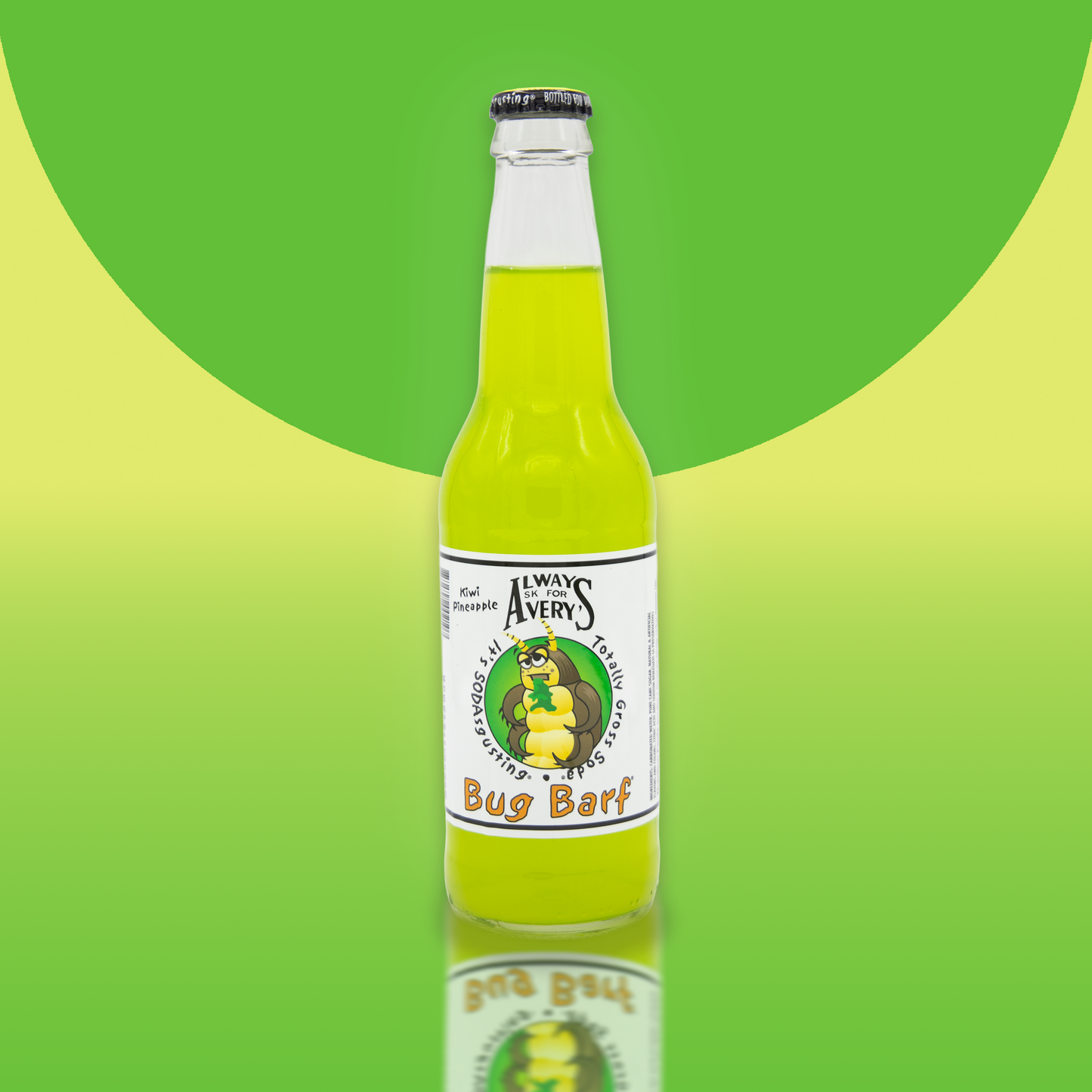 Avery's Totally Gross Bug Barf Original green soda in glass bottle on green gradient background