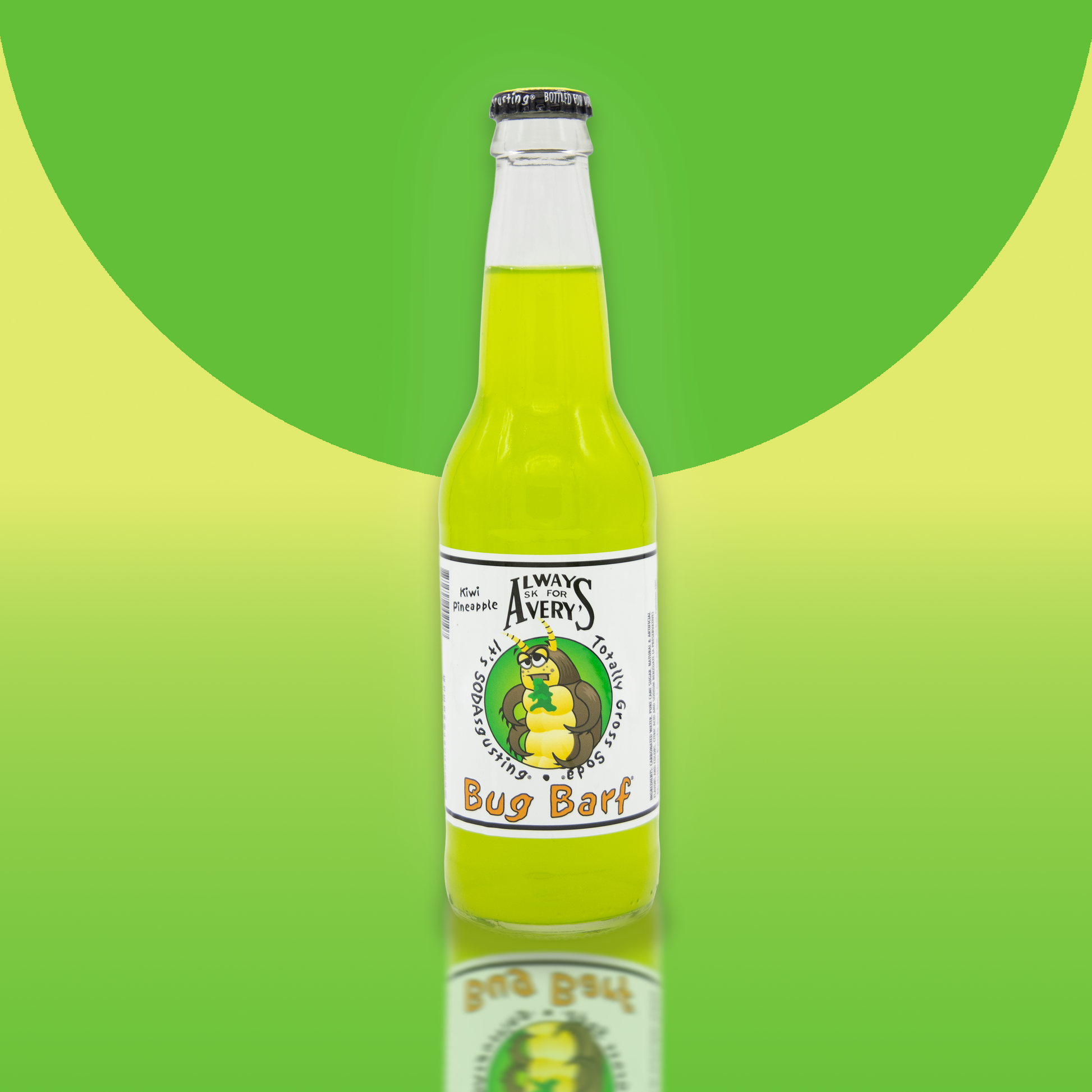 Avery's Totally Gross Bug Barf Original green soda in glass bottle on green gradient background