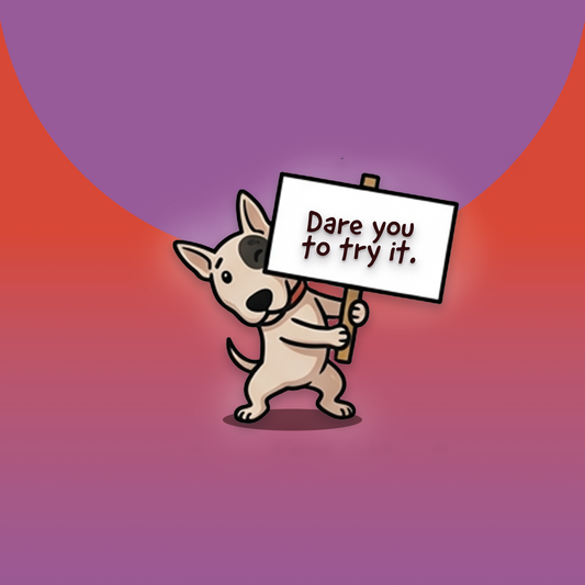 Avery's Totally Gross Dog Drool Cartoon character holding a sign with 'Dare you to try it.' text on a red and purple gradient background