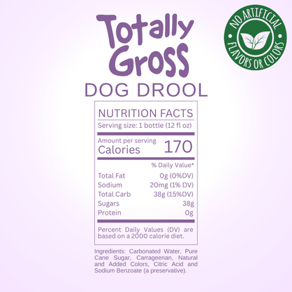 Nutrition facts label for Avery's Totally Gross Dog Drool Natural on purple gradient background
