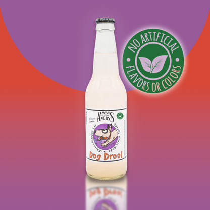 Avery's Totally Gross Dog Drool Natural soda in glass bottle on red and purple gradient background with "no artificial flavors or color" sticker 