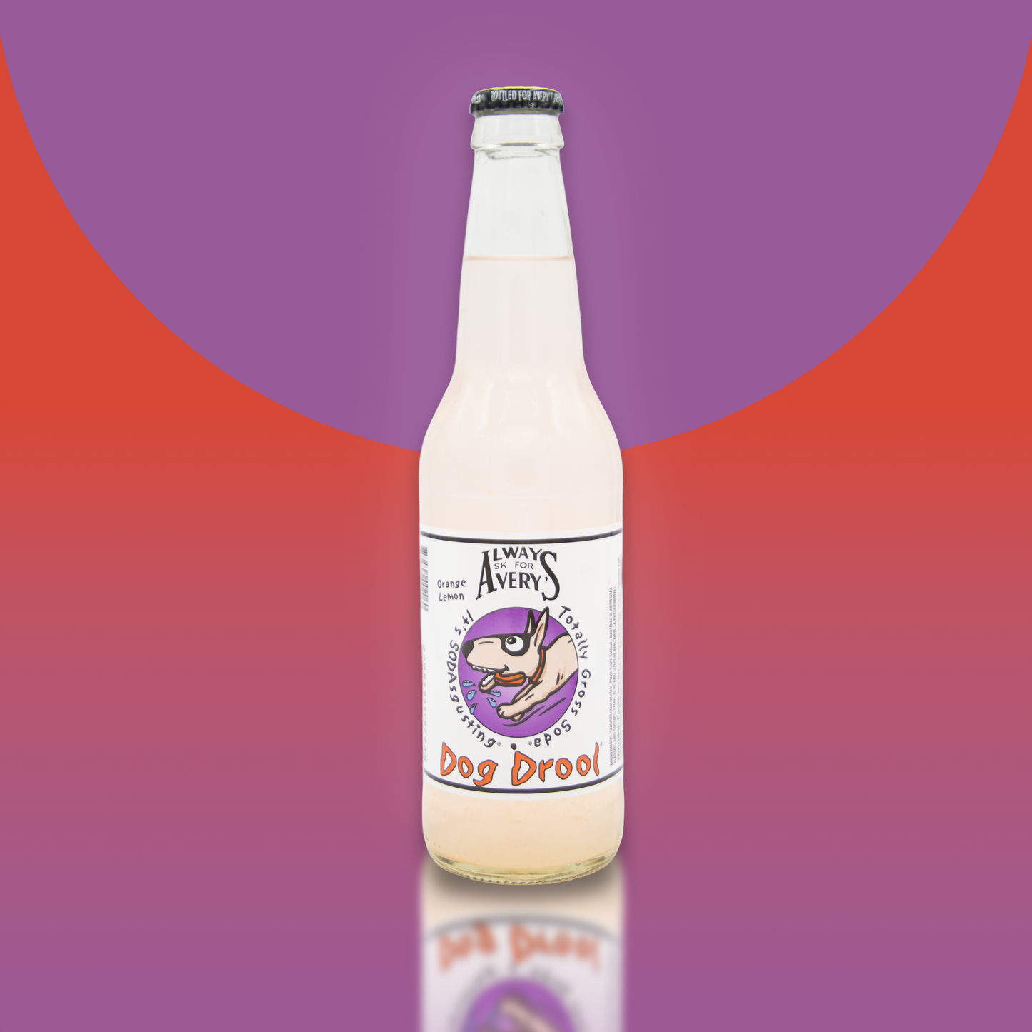 Avery's Totally Gross Dog Drool Original soda in glass bottle on red and purple gradient background