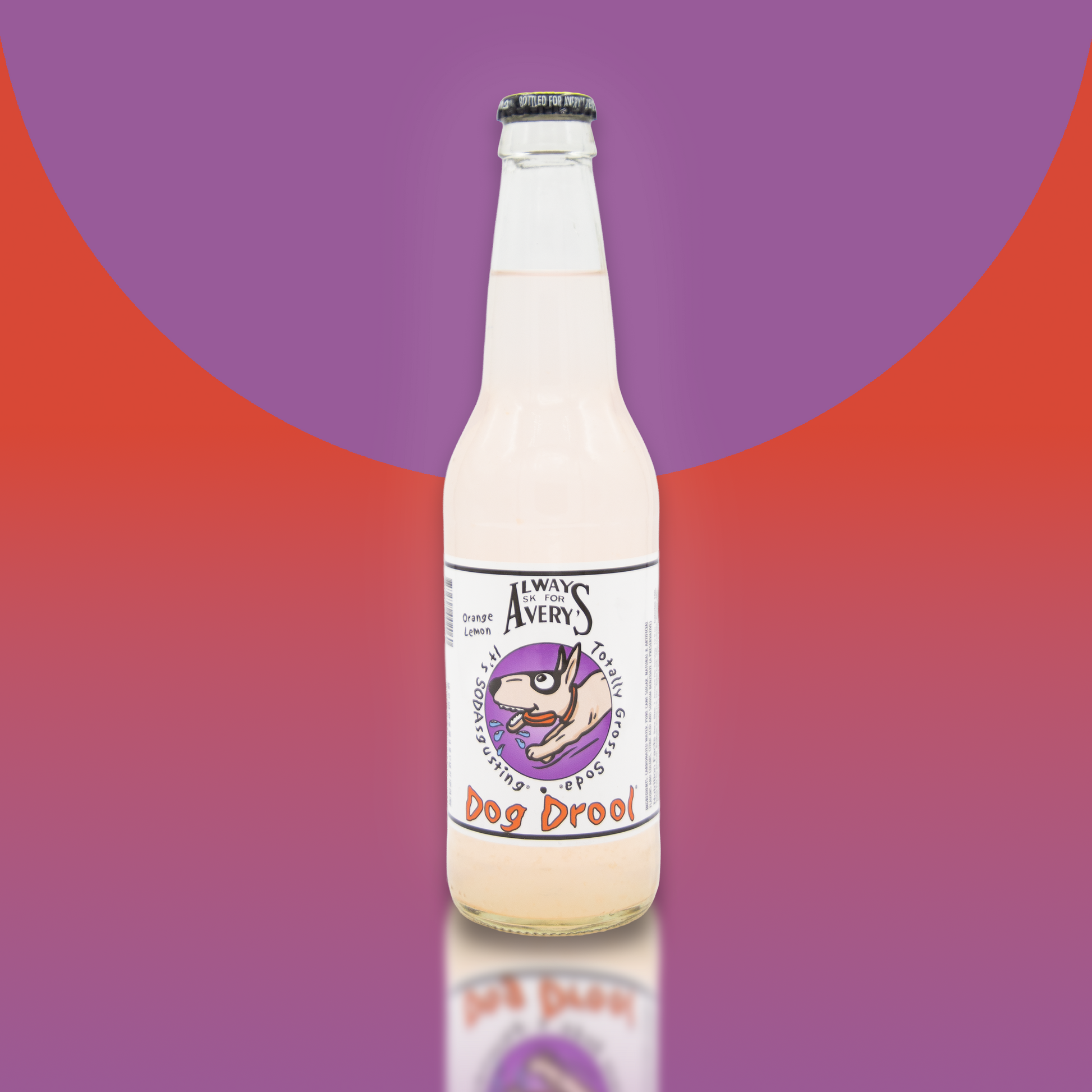 Avery's Totally Gross Dog Drool Original soda in glass bottle on red and purple gradient background