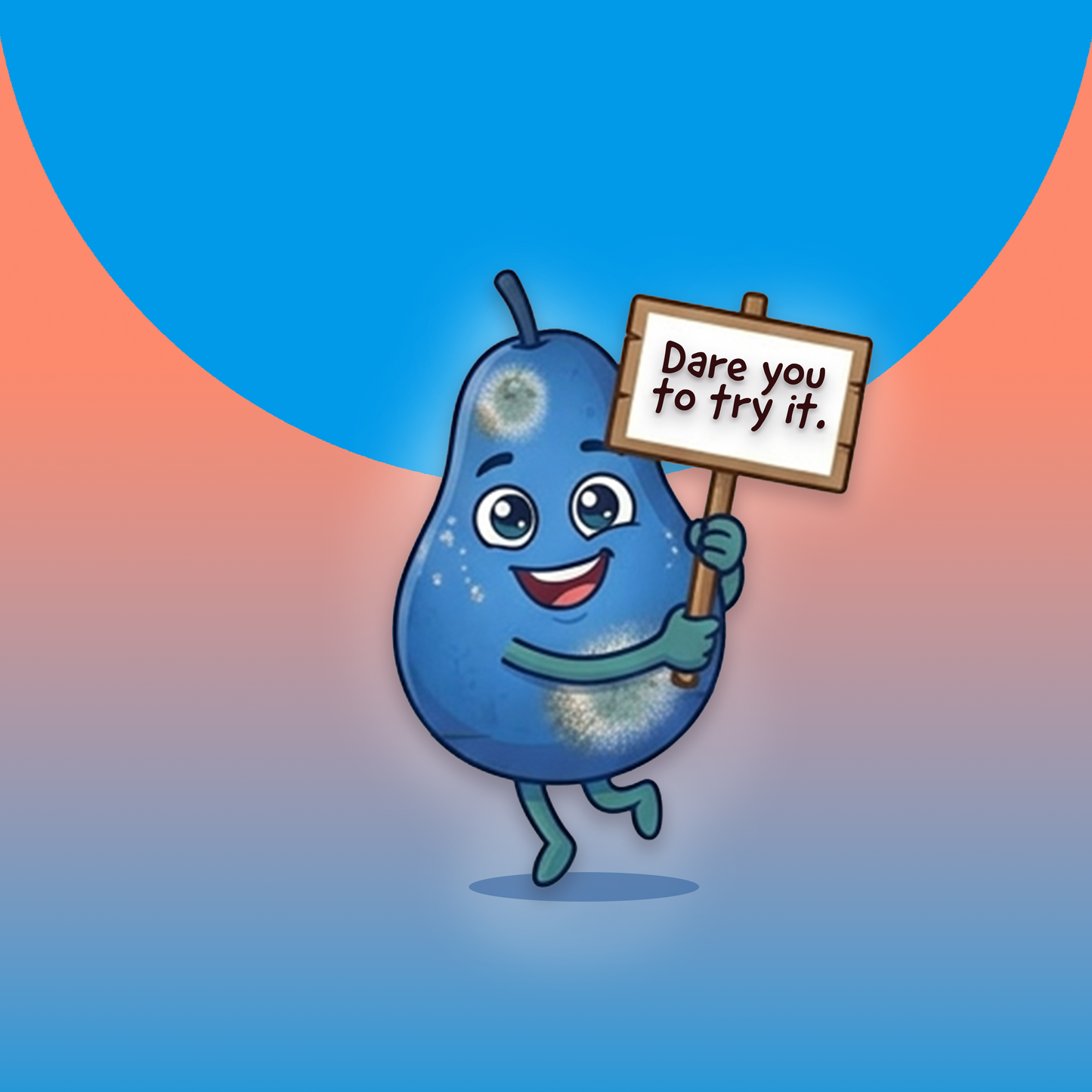 Avery's Totally Gross Fungal Fruit Cartoon character holding a sign with 'Dare you to try it.' text on a pink and blue gradient background