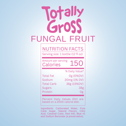 Nutrition facts label for Avery's Totally Gross Fungal Fruit Original Soda on blue gradient background