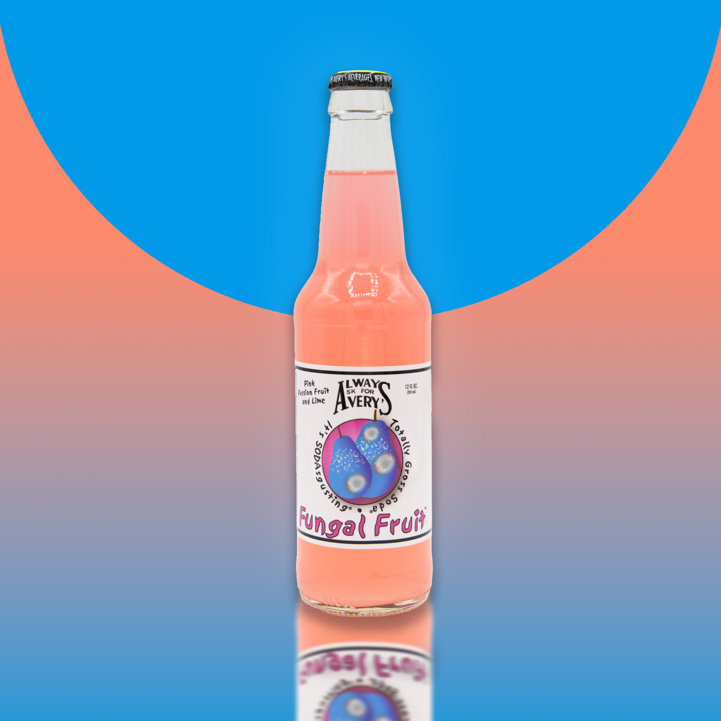 Avery's Totally Gross Fungal Fruit Original pink soda in glass bottle on blue and pink gradient background