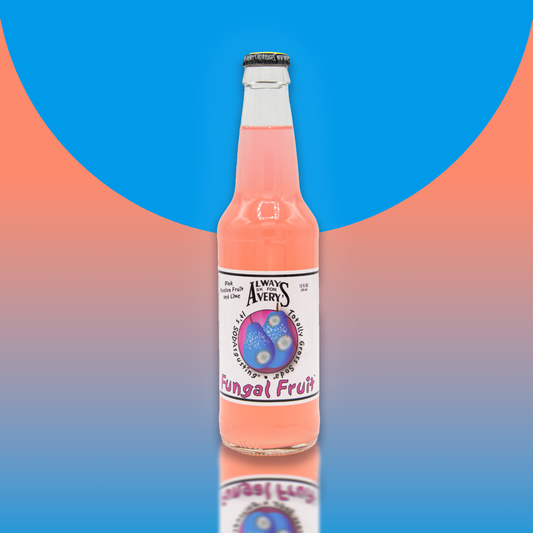 Avery's Totally Gross Fungal Fruit Original pink soda in glass bottle on blue and pink gradient background