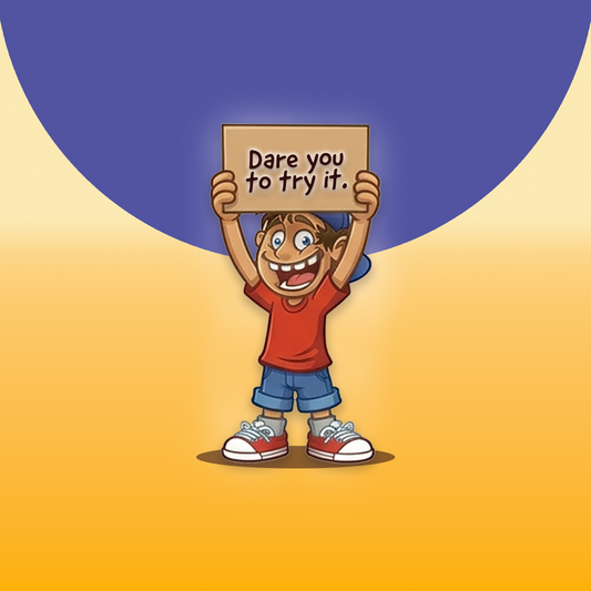Avery's Totally Gross Gamer Goop Cartoon character holding a sign with 'Dare you to try it.' text on an orange gradient background
