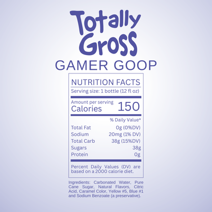 Nutrition facts label for Avery's Totally Gross Gamer Goop Original Soda on purple gradient background